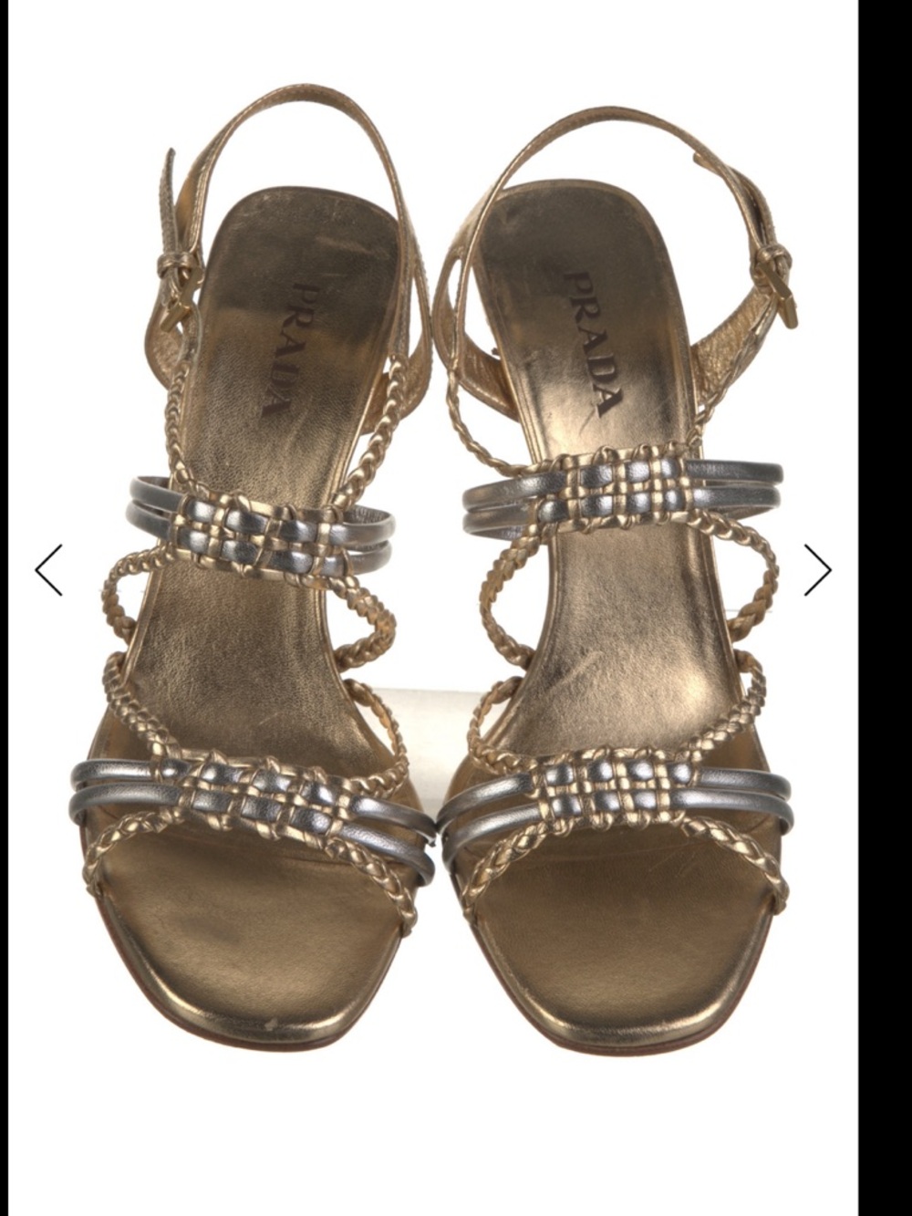 Prada Gold and Silver Strappy Braided Slingback Heels